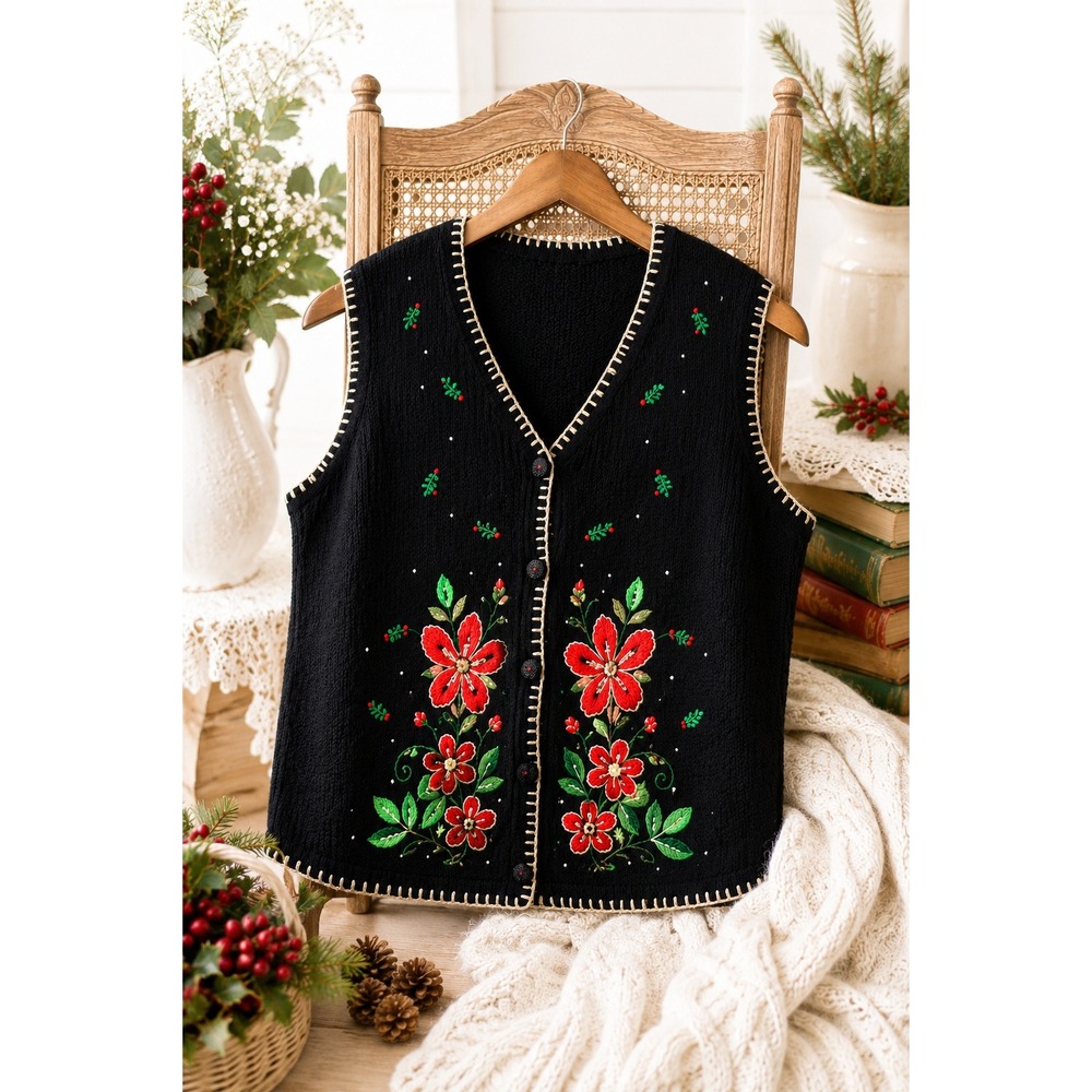 Grandmacore Embroidered Ramie Cotton Christmas Sweater Vest XL NWT Floral